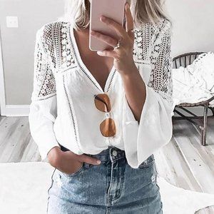Boho White Lace Festival Button Front Blouse